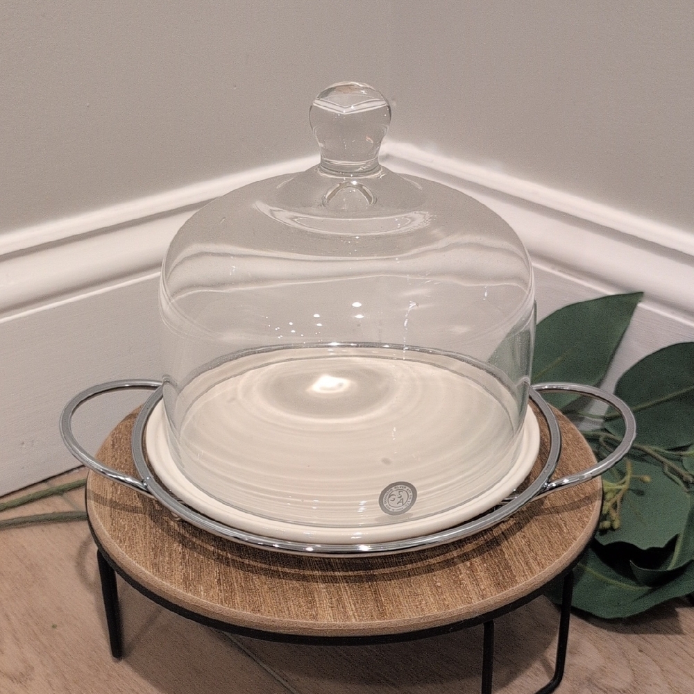 Godinger 7" Dia. Cheese Dome with White Porcelain Plate and Silver Tray - NBU